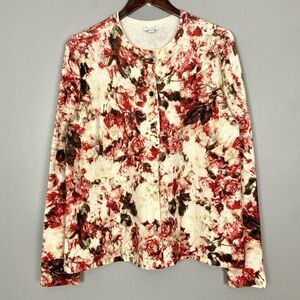 J. Jill Plush Floral Cardigan Sweater Women’s Size M Roses Bohemian Flyaway Hen